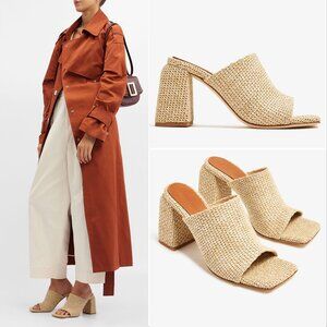 Dear Frances Deri Slip On Square Toe Mules EU 40 9.5 10 Beige Raffia Leather NEW